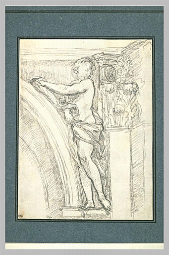 Figure à demi nue devant un pilastre corinthien