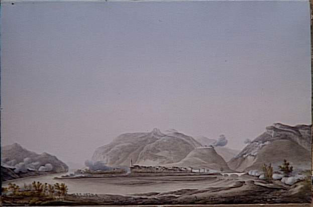 Vue de Caliano sur l'Adige le 4 septembre 1796 ; Vue du Château de la Piétra, au-dessus du village de Caliano dans la vallée de l'Adige. La division du général Masséna enlève le château le 4 septembre 1796 (autre titre)