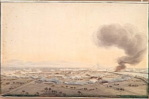 Vue du bourg d'Anghiari, rive droite de l'Adige, le 14 janvier 1797 ; La division Augereau attaquant la colonne du général Provera après avoir passé l'Adige en vue du bourg d'Anghiari pour se porter sur Mantone- 14 janvier 1797 (autre titre)