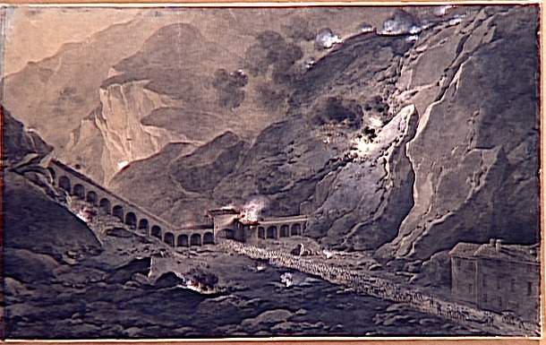 Vue du fort de Bard le 21 mai 1800 ; Passage de l'artillerie française, de nuit, sous le fort de Bard, occupé par les autrichiens le 21 mai 1800 (autre titre)