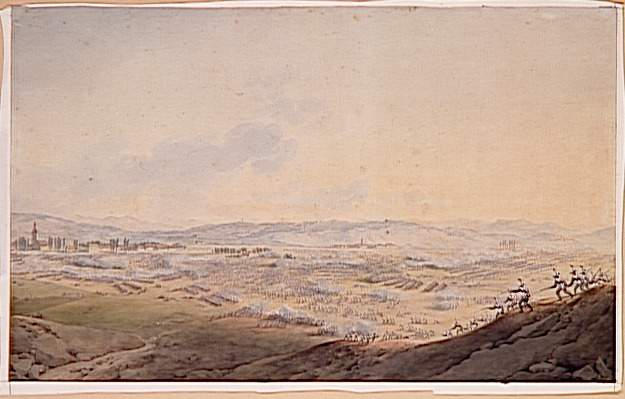 Bataille d'Eckmühl, le 22 avril 1809 ; La bataille d'Eckmühl le 22 avril 1809 à 6 heures du soir : vers la fin de la journée une division de l'armée française et de la cavalerie des généraux Nansouty et Sainte Suzanne poursuivent l'armée autrichienne qui se retire en désordre en direction du Danube
