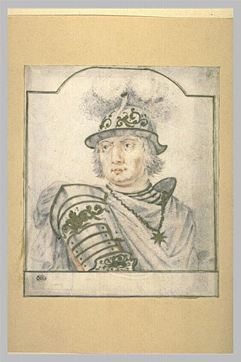 Portrait d'homme en armure et coiffé d'un casque à plumes