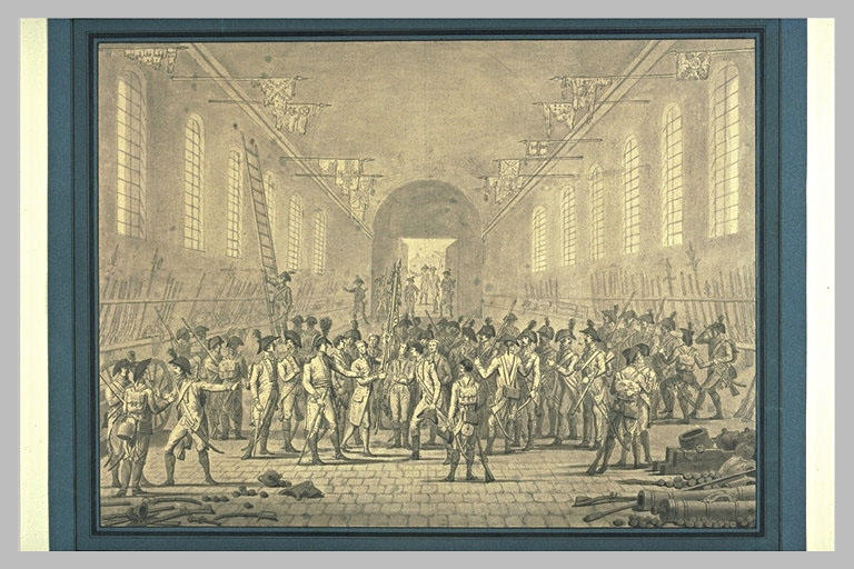 Réception dans un corps de garde ; une caserne de drapeaux pris sur l'ennemi