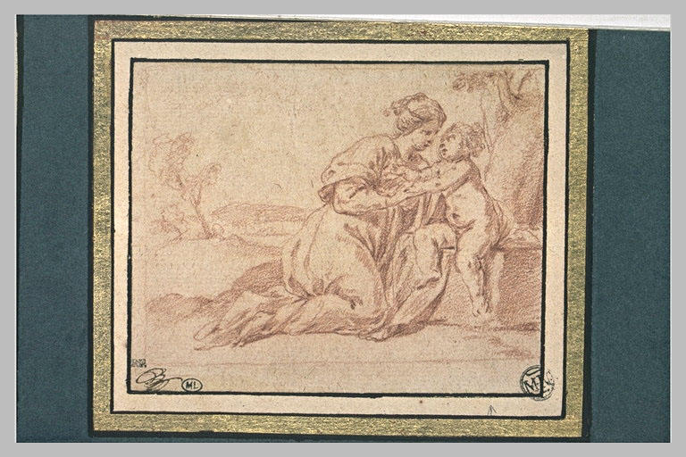 La Vierge à genoux prenant l'Enfant Jésus assis au pied d'un arbre