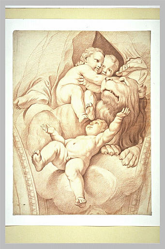 Trois enfants nus, près d'un lion, et pieds