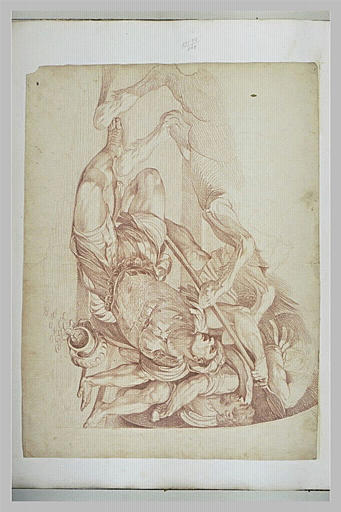 Homme vêtu à l'antique et deux figures sous les jambes d'un cheval