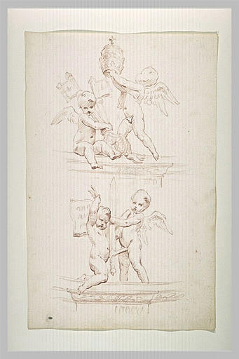 Groupes d'anges : deux avec une tiare et des clefs, deux avec livre et épée