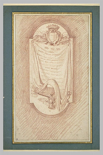 Projet de décoration d'une stèle avec draperie, sablier, torche et couronne