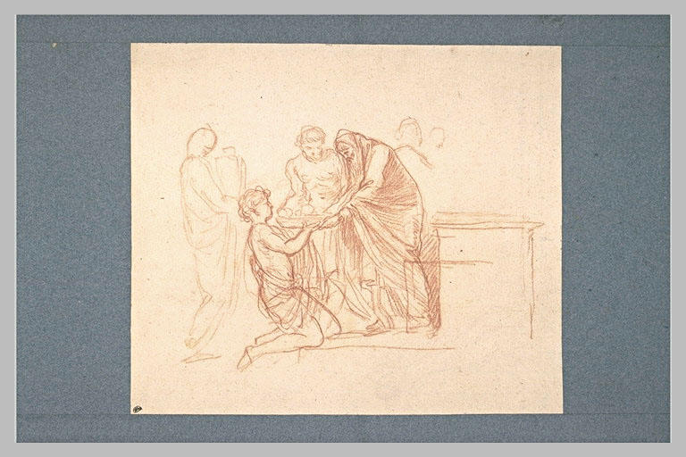 Scène de sacrifice antique avec un prêtre recevant une corbeille de fruits