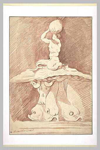 Projet de fontaine avec trois dauphins portant un triton