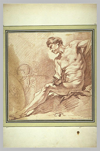 Académie d'homme assis à côté d'un bouclier, d'un casque et d'un glaive