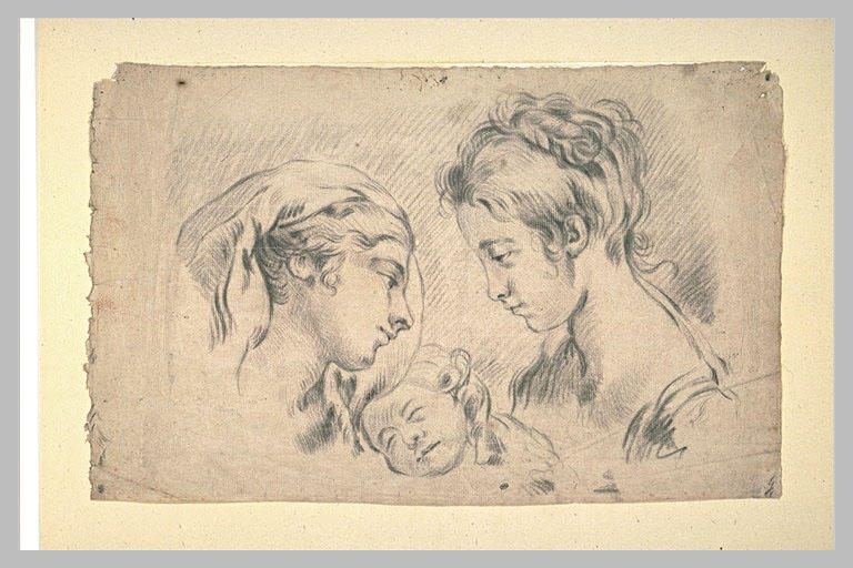 Etude de deux têtes de jeunes femmes et d'un enfant