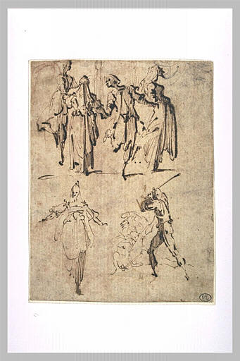 Rondee de danseurs grotesques ; scène de meurtre ; femme vue de face