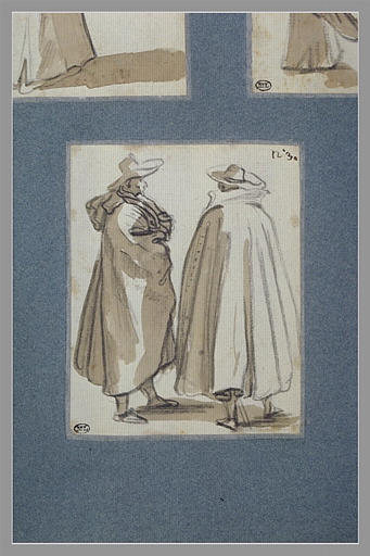 Deux hommes debout, couverts de manteaux, s'entretenant