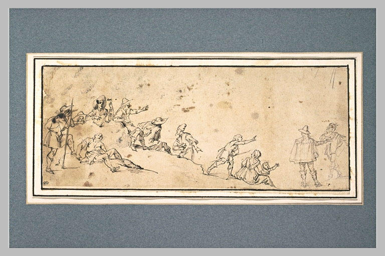 Hommes paraissant se reposer, groupe de trois figures et deux hommes debout