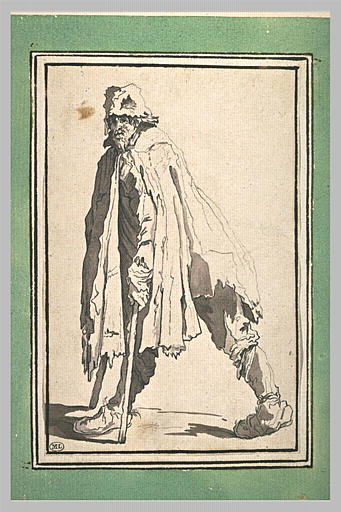 Un mendiant appuyé sur deux crosses, allant vers la gauche