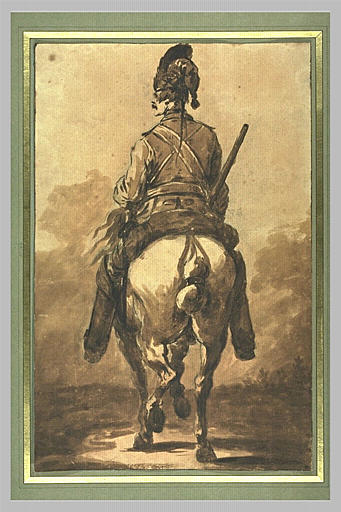 Un soldat à cheval, de dos