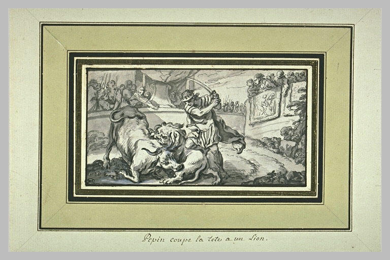 Pépin coupant la tête à un lion qui dévore un boeuf