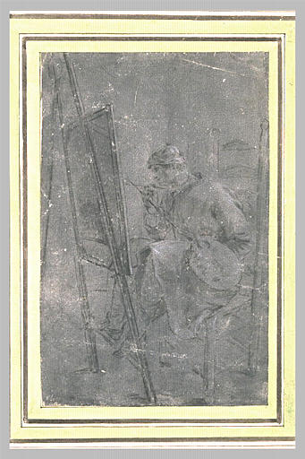 Un peintre assis et peignant un tableau placé sur un chevalet