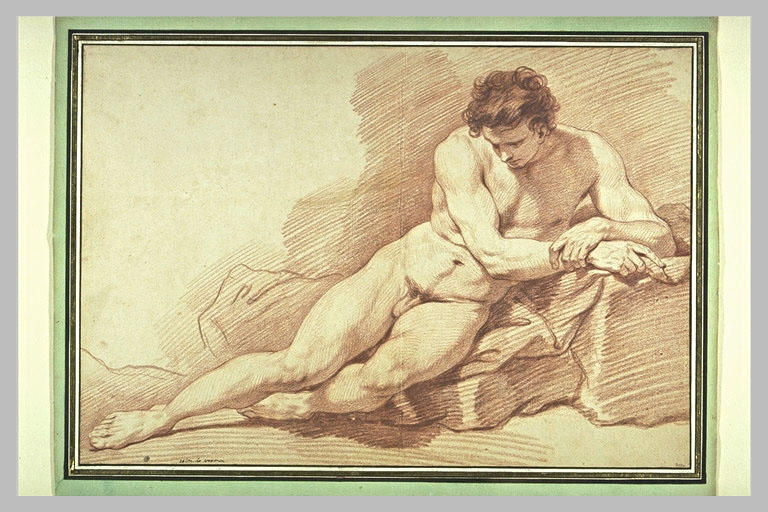 Académie d'homme, à demi allongé, appuyé sur un rocher