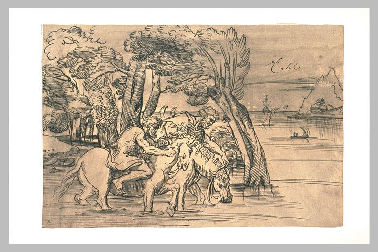 Deux cavaliers faisant boire leurs chevaux