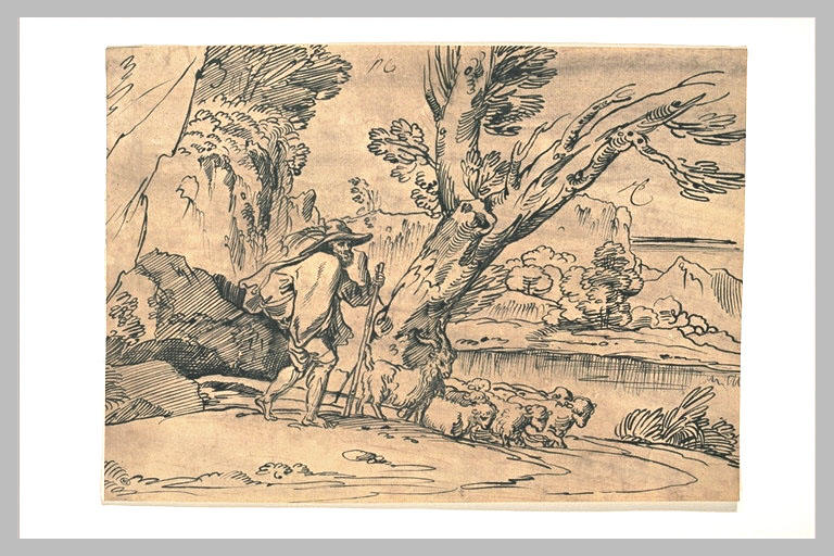Berger conduisant un troupeau de chèvres et de moutons