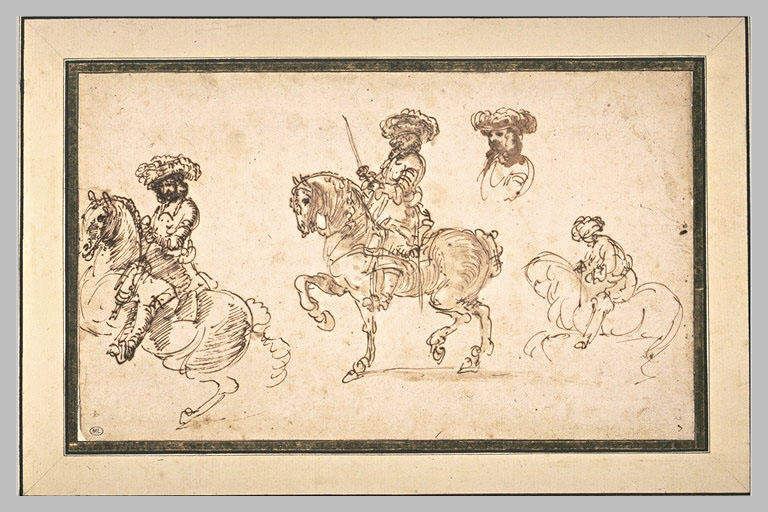 Trois cavaliers et une tête de guerrier