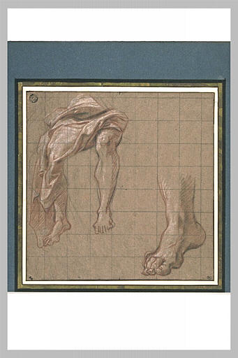 Etude de deux jambes drapées ; reprise du pied droit