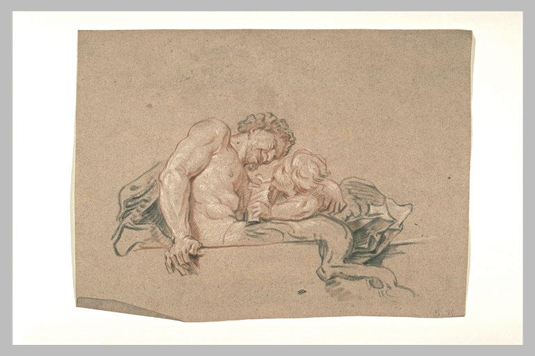 Un satyre assis sur une corniche souriant à un amour