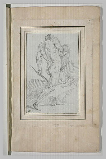 Homme nu, de dos, un genou en terre, portant lance et bouclier