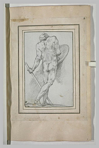 Homme nu, debout, de dos, tenant lance et bouclier