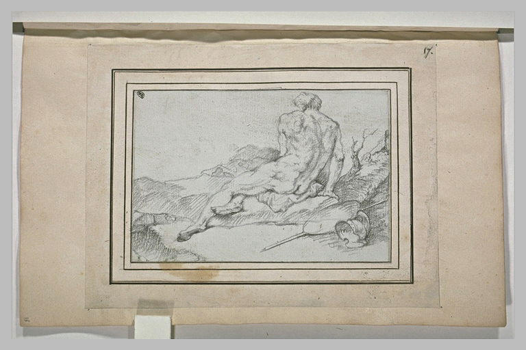 Homme nu, assis au pied d'un tronc d'arbre