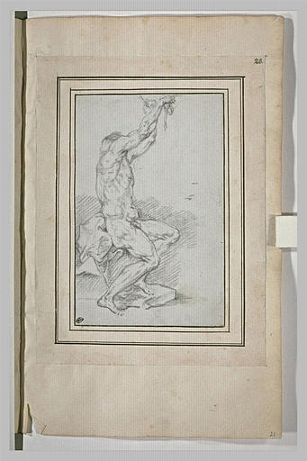 Homme nu, assis, levant les bras