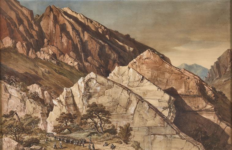 Les soldats atteignent la seconde muraille calcaire des Portes de Fer ; Arrivée du 17e régiment d'infanterie légère à l'entrée de la seconde muraille des Portes de Fer dans les gorges de la chaîne des Bibans prés de Constantine le 28 octobre 1839 (autre titre)