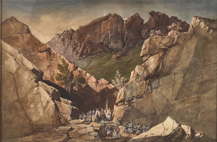 Fin du défilé des Portes de Fer ; Episode de la conquête de l'Algérie, 1839. 'Sortie du défilé des Bidan' ou 'Portes de Fer' le 28 octobre .Marche du corps expéditionnaire français de Constantine à Alger à travers l'Atlas (autre titre)