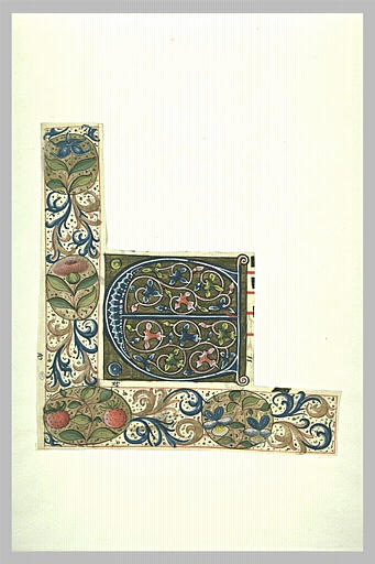 Lettre E : rinceaux coloriés sur fond d'or. Bordure de fleurs et de fruits