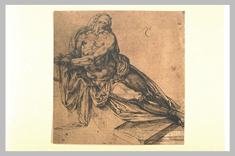 Homme nu, pieds et mains liés, étendu sur un tombeau