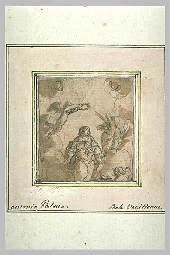 Sainte Agathe sur des nuages, couronnée par un ange