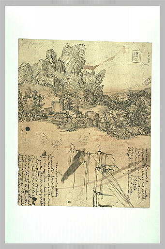 Bâtiments aux pieds de rochers, bases de colonnes et texte manuscrit