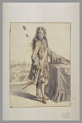 Louis XIV debout près d'une table, tourné à droite