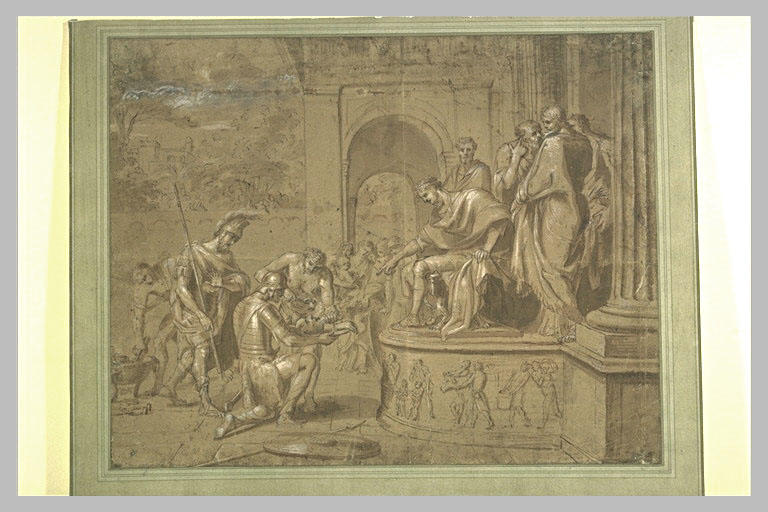 Un roi sur un trône faisant couler du plomb dans la bouche d'un condamné