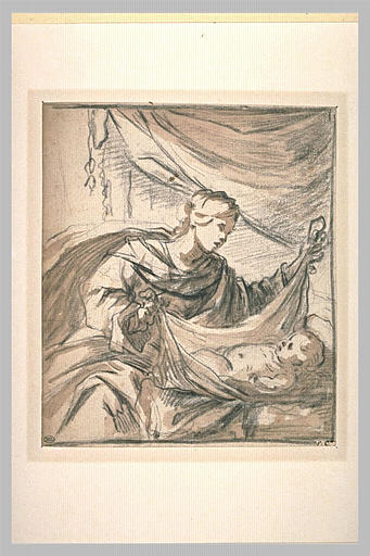 La Vierge assise soulève le voile qui couvre l'Enfant