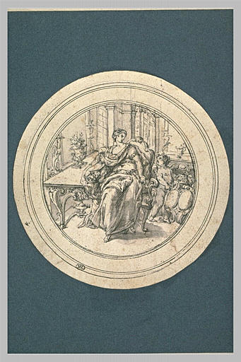 Un ange montrant un blason à une jeune femme assise dans un fauteuil