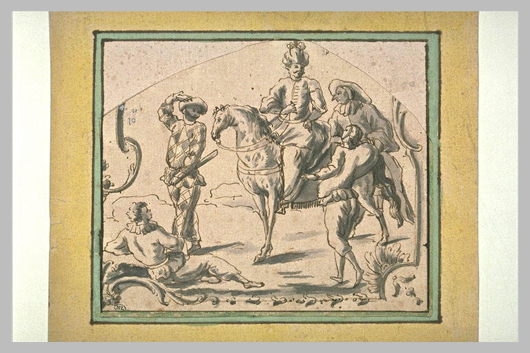Un cavalier vêtu à la turque, un arlequin, un polichinelle et un pierrot