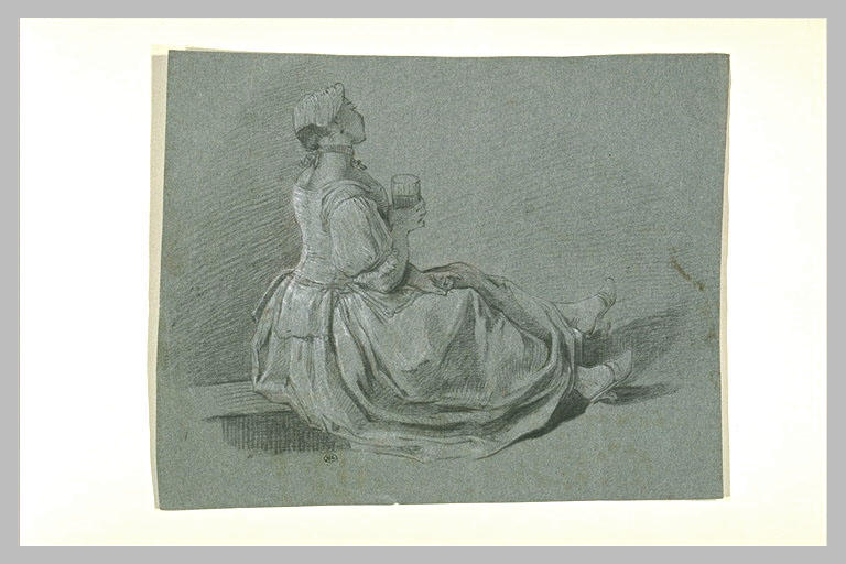 Femme assise, tournée vers la droite, et tenant un verre