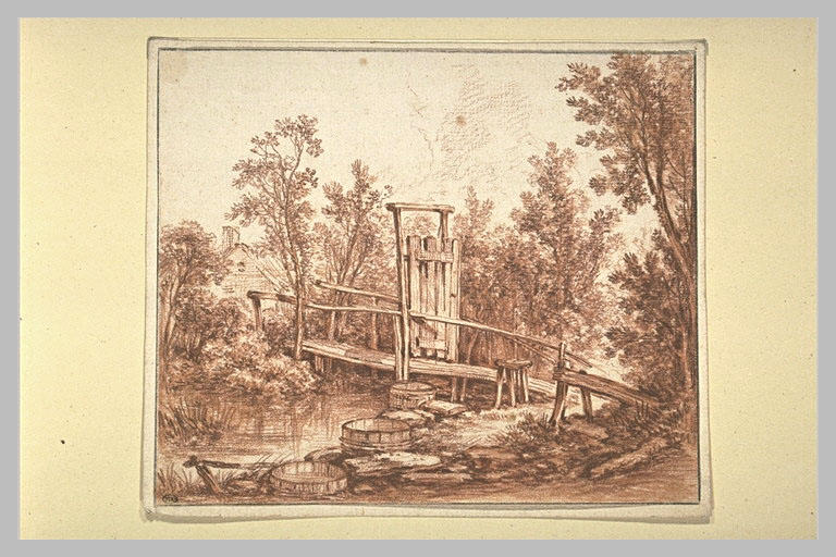 Petit pont de bois, avec une porte, menant à une ferme