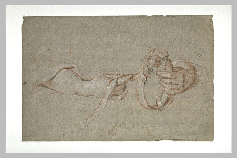 Etude de mains de femme ornant une couronne de rubans et de fleurs
