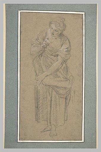 Paysanne paraissant imposer le silence à quelqu'un