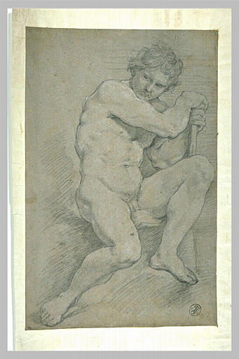 Homme nu, assis, appuyé sur un bâton