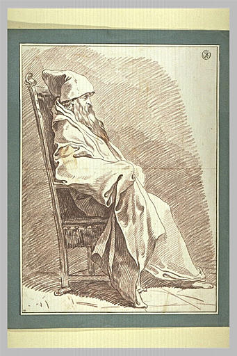 Homme vêtu d'un manteau, coiffé d'un bonnet, assis
